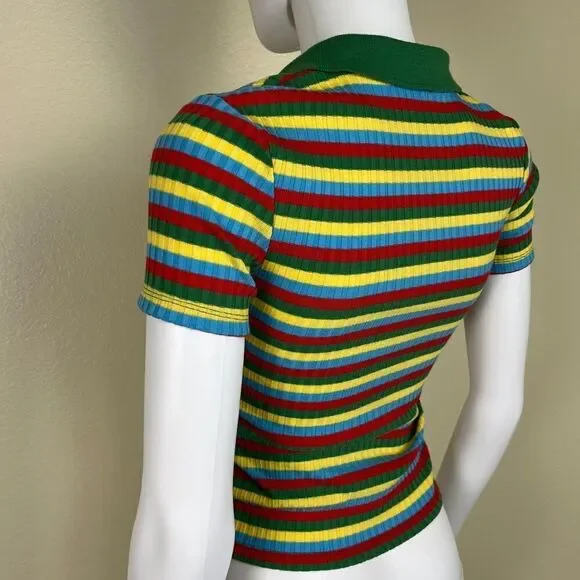 Zara Women's Size S Colorful Striped Ribbed Collard Pullover Short Sleeve Top - Picture 6 of 11